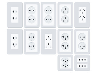 White Flat Wall Socket Vector Illustration Icon Set