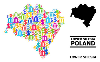 Fototapeta na wymiar Colorful bank and business mosaic and solid map of Lower Silesia Province. Map of Lower Silesia Province vector mosaic for promotion campaigns and promotion.