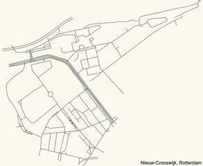 Black simple detailed street roads map on vintage beige background of the quarter Nieuw-Crooswijk neighbourhood of Rotterdam, Netherlands