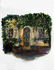 Illustration - trees and leaves cover the facade of the old house painted with markers and a liner. Architectural monument - a house with columns