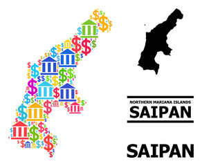 Bright colored banking and commercial mosaic and solid map of Saipan Island. Map of Saipan Island vector mosaic for GDP campaigns and projects.