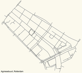 Black simple detailed street roads map on vintage beige background of the quarter Agniesebuurt neighbourhood of Rotterdam, Netherlands