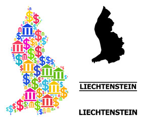 Colored bank and money mosaic and solid map of Liechtenstein. Map of Liechtenstein vector mosaic for advertisement campaigns and agitation.