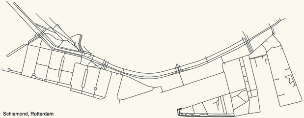 Black simple detailed street roads map on vintage beige background of the quarter Schiemond neighbourhood of Rotterdam, Netherlands