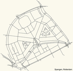 Black simple detailed street roads map on vintage beige background of the quarter Spangen neighbourhood of Rotterdam, Netherlands