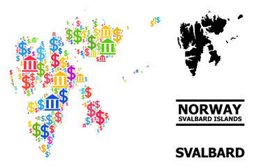 Colored bank and money mosaic and solid map of Svalbard Islands. Map of Svalbard Islands vector mosaic for ads campaigns and proclamations.