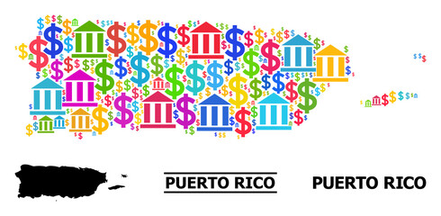 Fototapeta premium Bright colored bank and business mosaic and solid map of Puerto Rico. Map of Puerto Rico vector mosaic for business campaigns and agitprop.