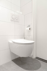Obraz na płótnie Canvas Interior of bathroom with flush toilet and white tiles as background, Modern design of sanitary ware restroom.