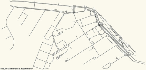 Black simple detailed street roads map on vintage beige background of the quarter Nieuw Mathenesse district of Rotterdam, Netherlands