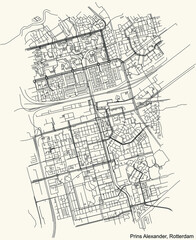 Black simple detailed street roads map on vintage beige background of the Prins Alexander quarter district of Rotterdam, Netherlands