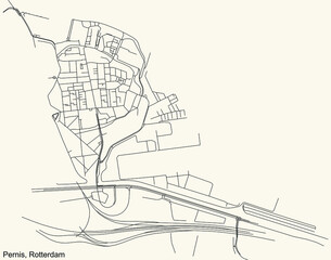 Black simple detailed street roads map on vintage beige background of the quarter Pernis district of Rotterdam, Netherlands