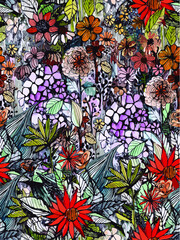 Fototapeta na wymiar Hand paint flowers. Meadow. Vintige style. Seamless textile pattern.