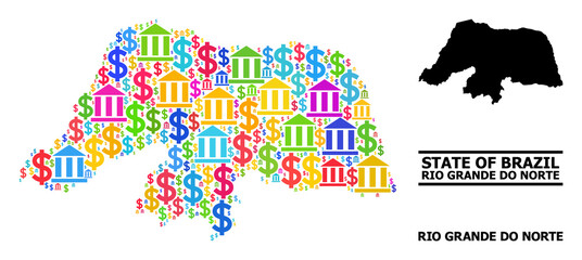 Obraz premium Bright colored bank and dollar mosaic and solid map of Rio Grande do Norte State. Map of Rio Grande do Norte State vector mosaic for promotion campaigns and promotion.