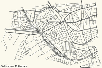 Black simple detailed street roads map on vintage beige background of the quarter Delfshaven district of Rotterdam, Netherlands