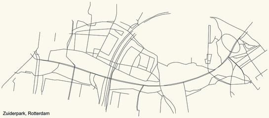 Naklejka premium Black simple detailed street roads map on vintage beige background of the quarter Zuiderpark neighbourhood of Rotterdam, Netherlands