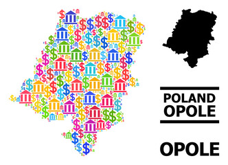 Fototapeta na wymiar Colored bank and dollar mosaic and solid map of Opole Province. Map of Opole Province vector mosaic for advertisement campaigns and applications.