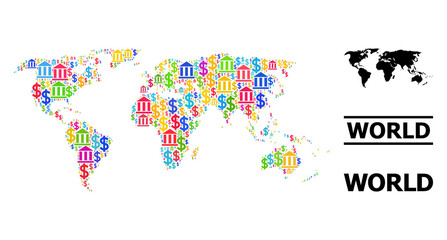 Bright colored banking and money mosaic and solid map of world. Map of world vector mosaic for geographic campaigns and applications.