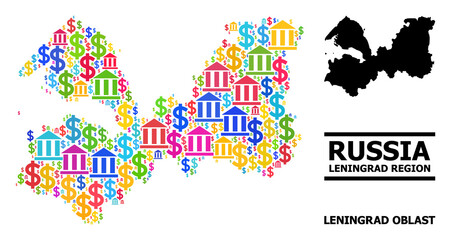 Bright colored bank and economics mosaic and solid map of Leningrad Region. Map of Leningrad Region vector mosaic for advertisement campaigns and propaganda.