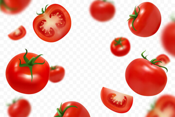 Falling fresh ripe tomatoes isolated on transparent background. Flying defocusing red tomato. Close-up juicy vegetables. Applicable for ketchup, juice advertising. Vector illustration.