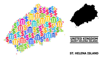 Bright colored bank and money mosaic and solid map of Saint Helena Island. Map of Saint Helena Island vector mosaic for promotion campaigns and promotion.