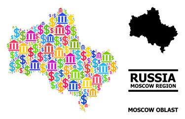 Obraz premium Bright colored bank and dollar mosaic and solid map of Moscow Region. Map of Moscow Region vector mosaic for promotion campaigns and proclamations.