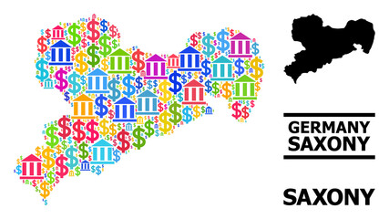 Fototapeta premium Vibrant bank and dollar mosaic and solid map of Saxony State. Map of Saxony State vector mosaic for ads campaigns and promotion. Map of Saxony State is composed with colored bank and dollar items.