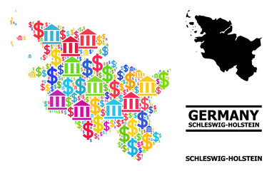 Obraz premium Multicolored bank and commerce mosaic and solid map of Schleswig-Holstein State. Map of Schleswig-Holstein State vector mosaic for advertisement campaigns and agitprop.
