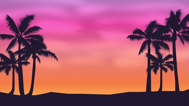 Dark palm trees silhouettes on colorful tropical ocean sunset background. Summertime beautiful sky looped animation. Summer beach, landscape backdrop, screensaver