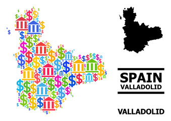 Fototapeta premium Colored bank and dollar mosaic and solid map of Valladolid Province. Map of Valladolid Province vector mosaic for ads campaigns and applications.