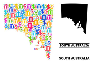 Bright colored bank and commercial mosaic and solid map of South Australia. Map of South Australia vector mosaic for business campaigns and agitation.