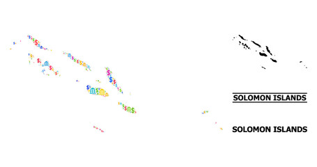 Colored bank and dollar mosaic and solid map of Solomon Islands. Map of Solomon Islands vector mosaic for GDP campaigns and agitation.