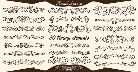 Set of 20 hand drawn vintage decorations and border  vector design elements with heart and swirls for wedding cards, greetings, invitations and retro design projects.