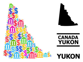 Multicolored bank and dollar mosaic and solid map of Yukon Province. Map of Yukon Province vector mosaic for business campaigns and proclamations.