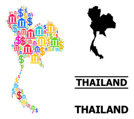 Naklejka premium Bright colored financial and economics mosaic and solid map of Thailand. Map of Thailand vector mosaic for promotion campaigns and promotion.