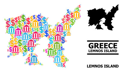 Bright colored banking and dollar mosaic and solid map of Lemnos Island. Map of Lemnos Island vector mosaic for GDP campaigns and doctrines.