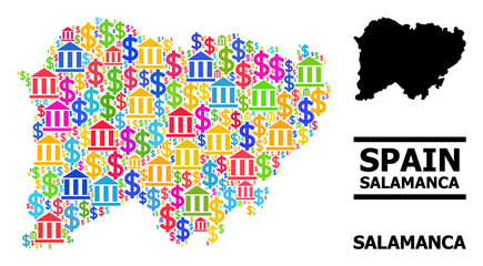 Fototapeta premium Vibrant financial and dollar mosaic and solid map of Salamanca Province. Map of Salamanca Province vector mosaic for geographic campaigns and proclamations.