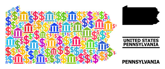 Multicolored bank and dollar mosaic and solid map of Pennsylvania State. Map of Pennsylvania State vector mosaic for GDP campaigns and proclamations.