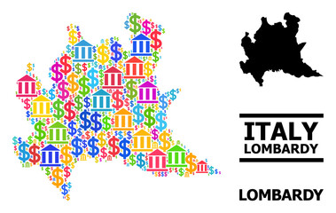 Colored bank and dollar mosaic and solid map of Lombardy region. Map of Lombardy region vector mosaic for promotion campaigns and proclamations. - obrazy, fototapety, plakaty