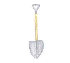 Watercolor Gardening tools, spade isolated on white background. Garden tool shovel Hand painted illustration. Gardener instrument