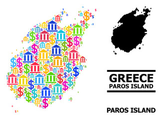 Colorful bank and dollar mosaic and solid map of Paros Island. Map of Paros Island vector mosaic for business campaigns and purposes.