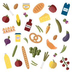 Supermarket vector set with vegetables, groceries, dairy products, drinks. Healthy food and eco products concept. Cartoon style vector illustration isolated on white background. Grocery set icon.