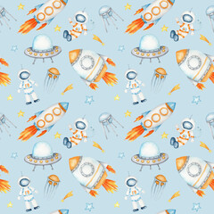 Space Seamless pattern with Astronaut, cosmonaut, Space rocket, Flying saucer UFO, Spaceship, alien, Unidentified flying object, stars. Watercolor kids fabric design, wrapping paper, background