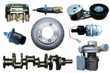 Big collection of mechanical auto parts for maintenance and car repair.