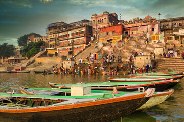 Varanasi, India : Dashashwamedh Ghat is the main ghat on the Ganga River in Uttar Pradesh. It is located close to Vishwanath Temple. People participating in holy rituals.