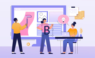 Young male and female characters are working on web design together