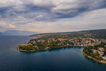 Fototapeta na wymiar Aerial panoramic drone view on village Splitska on Brac island, Croatia. August 2020