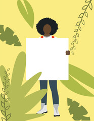 A man holding a sign frame for text. A man with an afro hairstyle. Tropical vector illustration. Banner, advertising poster. Frame for advertising. EPS african. Black lives matter.