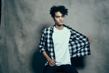 cute guy curly hair plaid shirt fashion emotions studio