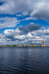 Naklejka premium dramatic storm clouds over sea port in summer