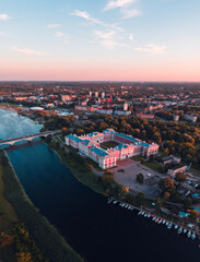 Jelgava, Latvia, state University, aerial sunset. Winding river.